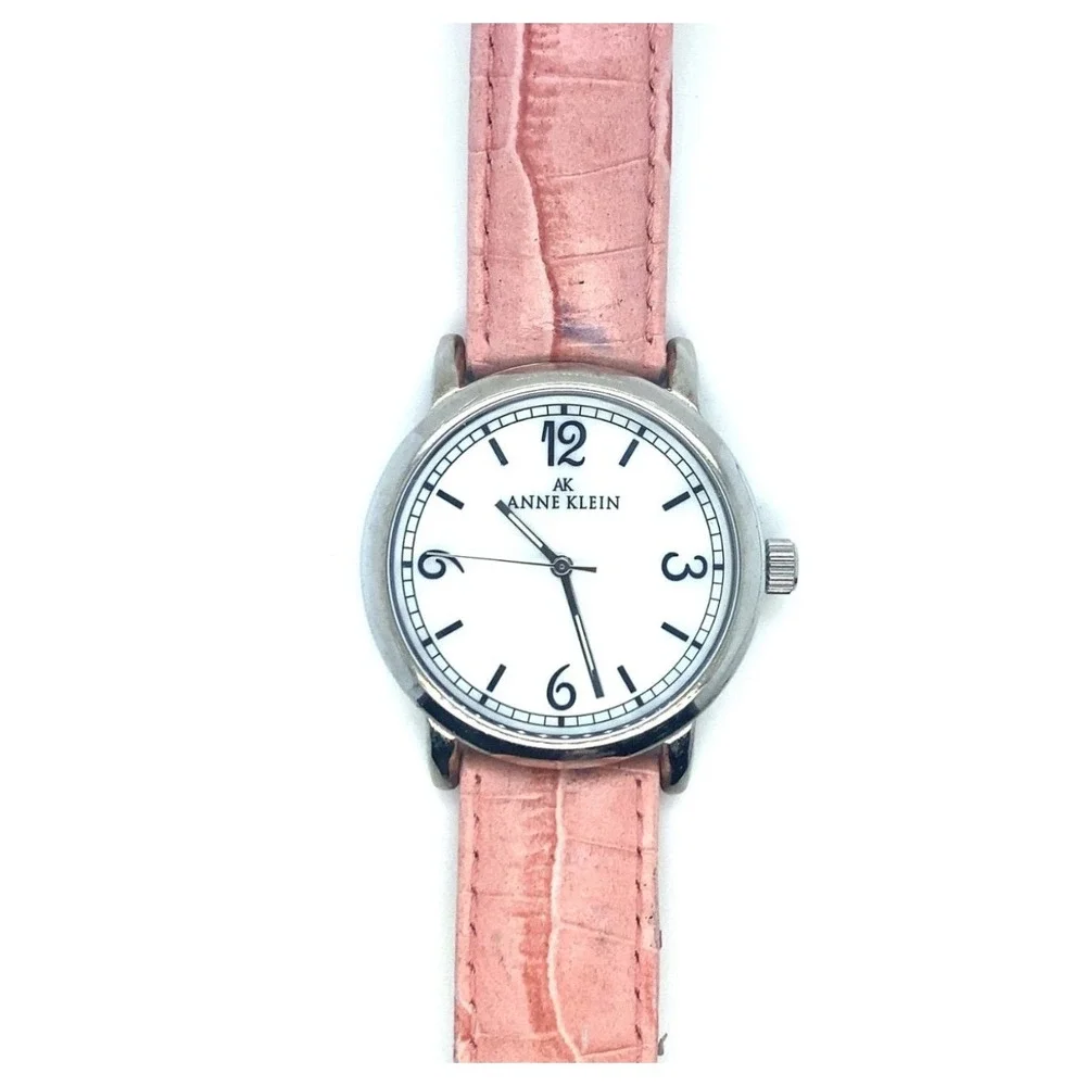 Anne Klein Watch Womens Silver Pink Leather Strap Mother of Pearl Dial